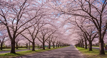 Obraz premium A serene cherry blossom-lined path in a park, with a clear blue sky and a gentle breeze.