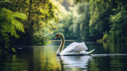 Fototapeta premium Graceful swan gliding across a calm lake surrounded by lush greenery