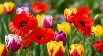 Fototapeta premium Vibrant Poppies and Tulips in a Sunny Garden Display.