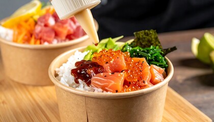 A close-up view features a hand drizzling sauce over a bowl of colorful seafood, rice, and garnishes. The bowl sits atop a wooden board, with a second bowl visible