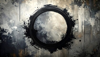 Abstract ink brush circle on textured grunge background, artistic zen and sumi-e style painting