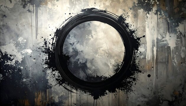 Abstract ink brush circle on textured grunge background, artistic zen and sumi-e style painting