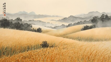 Traditional Chinese painting of golden fields
