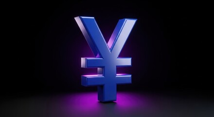 Obraz premium A blue and purple illuminated yen symbol on a black background.