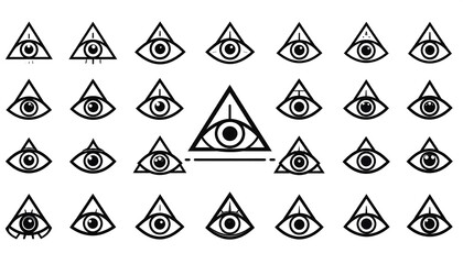 A collection of stylized all-seeing eyes within triangles, arranged in rows, with a larger eye at the center, all in black and white