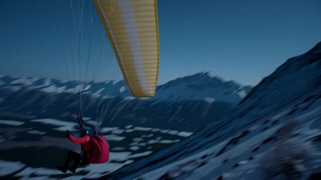 High-altitude paragliding adventure in the mountains during twilight