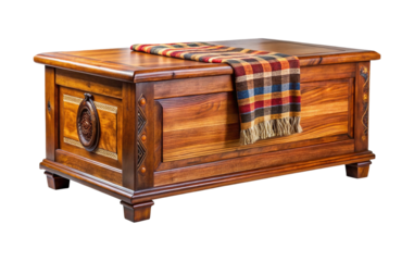 Antique wooden blanket chest with detailed carvings and plaid fabric accent