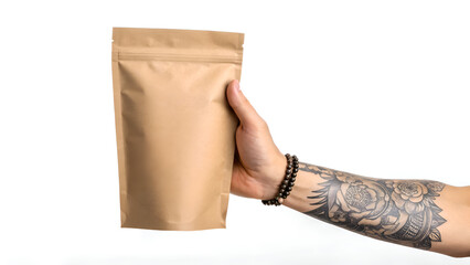 "Tattooed Hand Holding Brown Kraft Paper Pouch for Packaging, Coffee, Tea, or Food Storage on White Background"
