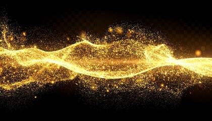 A flowing golden wave of particles with subtle depth, shimmering with a soft glow against a transparent background, creating an elegant and dynamic design