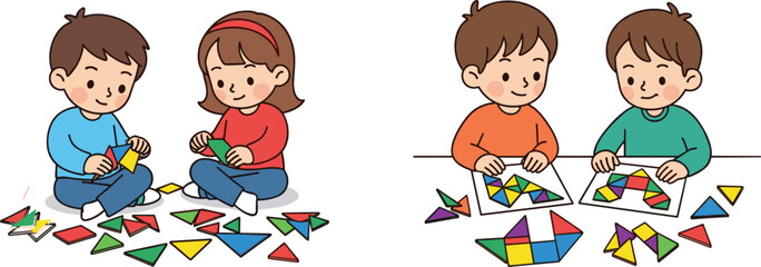 Children playing with geometric shapes, educational activity, early math learning, spatial reasoning, teamwork, colorful pieces, cognitive development, classroom creativity