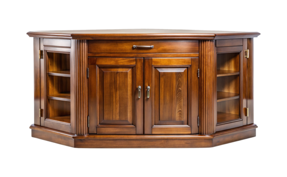 Corner cabinet furniture wooden storage display unit with shelving doors drawers isolated for product showcase