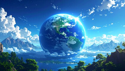 A digital illustration depicting a bright, cartoon-like planet Earth. Rolling hills and clouds surround it, with sunshine