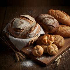 Assorted bread and buns in a basket on a dark wooden board, surrounded by freshly baked loaves, rustic bakery style, warm lighting, dark background, natural textures and cozy homemade atmosphere.
