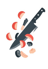 Obraz premium Dynamic Flat Illustration of a Kitchen Knife Chopping Ingredients