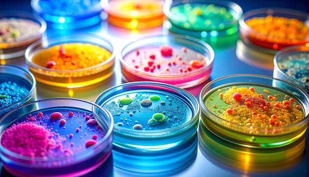 Colorful petri dishes: A vibrant collection of petri dishes filled with colorful solutions. A macro shot of science in action and exploration