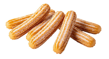 Several churros covered in granulated sugar are arranged in a pile against an isolated background.