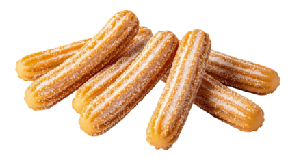 Several churros covered in granulated sugar are arranged in a pile against an isolated background.