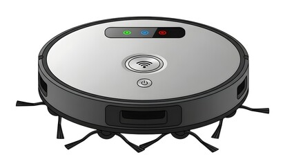 Fototapeta premium A top view of a gray and white robot vacuum cleaner with lights and brushes on a white background