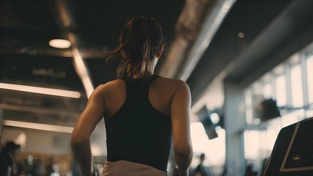 Back view of a person wearing a black tank top in a modern gym, standing near cardio equipment with large windows. Concept Back-view fitness shot, Modern gym interior, Cardio equipment scene