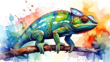 Obraz premium Vibrant Chameleon on Branch Watercolor Painting.