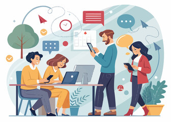 Group of people working together in an office setting with laptops and mobile devices for communication