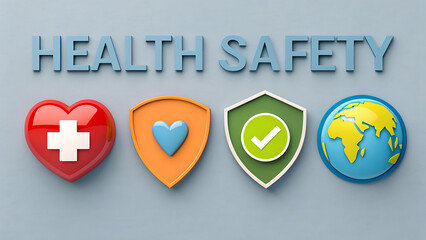 Health and safety concept with colorful icons heart shield check and globe on gray background
