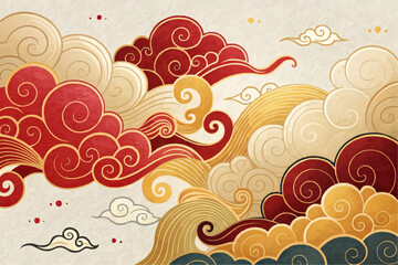 Illustration featuring swirling red and gold clouds in an asian inspired artistic style background