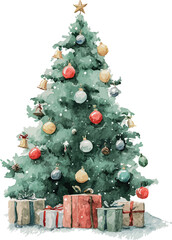 Adorable watercolor painting of a cute decorated Christmas tree with ornaments and festive lights in a snowy winter scene - vector illustration