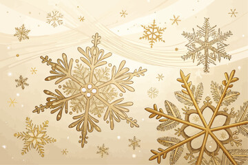 Golden snowflakes of various sizes and designs scattered on a light beige background with subtle patterns