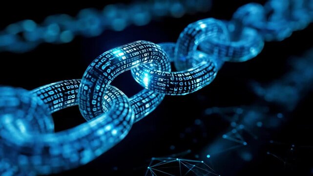 Blue digital blockchain chain made of binary code on black background. Cybersecurity and cryptocurrency concept