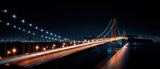 Fototapeta premium Long exposure photograph of famous bridge at night lit with strings of lights leading eye across frame. Symbolizing transition, moving forward.