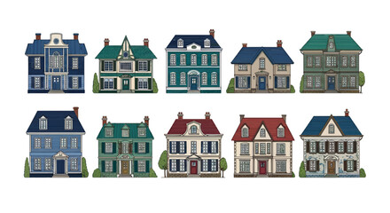 Collection of ten charming vintage houses, detailed and intricately designed with unique
