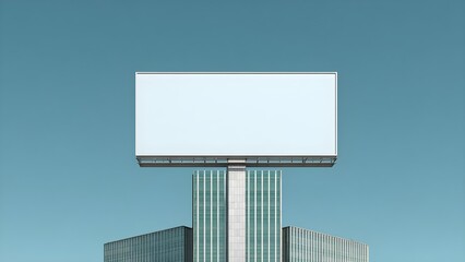 A large white billboard atop a modern glass skyscraper against a clear blue sky. Concept Urban Architecture, Glass Skyscraper, White Billboard, Advertising on Buildings, Clear Blue Sky