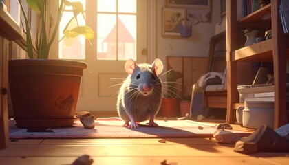 A digital illustration depicts a cheerful mouse in a sunny, cozy room. Warm sunlight streams through an open door