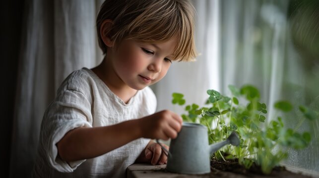 Child gardening with a watering can on a sunny windowsill
