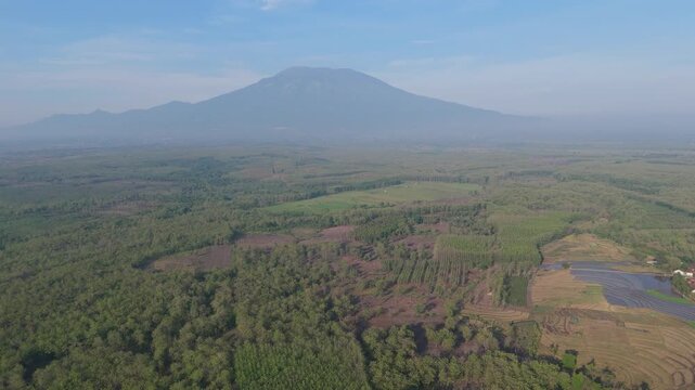 Aerial view of tropical countryside with green farmland and a mountain under blue sky in Indonesia. Lawu mountai, east java