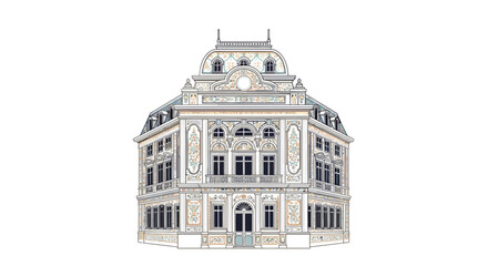 Detailed illustration of a grand, ornate building with European architectural influences