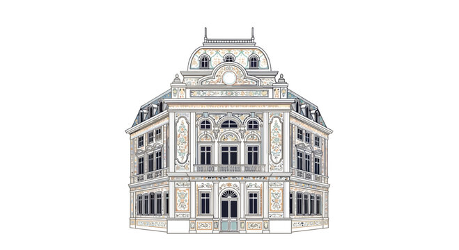 Detailed illustration of a grand, ornate building with European architectural influences