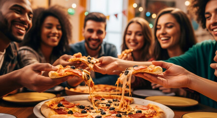 Group of happy young adults sharing pizza together, having fun at home party or gathering, concept of friendship and celebration