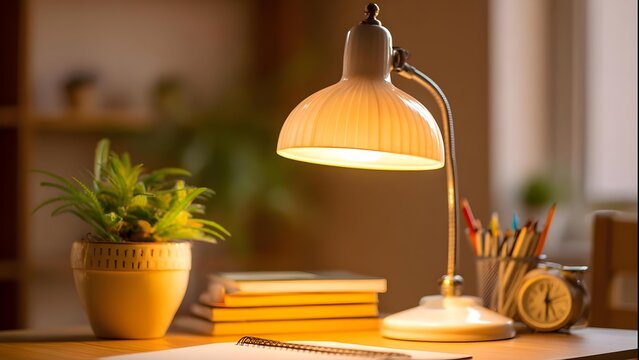 A warm desk lamp lights a cozy workspace with a potted plant, stacked books, a cup of pencils, and a vintage alarm clock. Concept Cozy desk setup, Warm ambient lighting, Desk plant and books