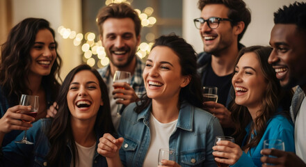 Obraz premium Group of happy young multiracial men and women laughing at a party with drinks in hand. Friends celebrating and having fun together.