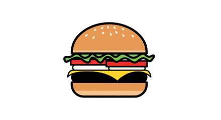 Stylized burger graphic with sesame seed bun and fresh vegetable toppings design
