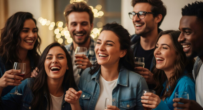 Group of happy young multiracial men and women laughing at a party with drinks in hand. Friends celebrating and having fun together.