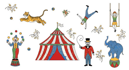Vintage circus with vibrant characters and big top illustration evoking joyful memories