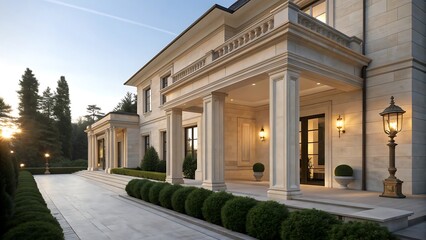 Obraz premium Grand Estate Entrance at Sunset with Classical Architecture