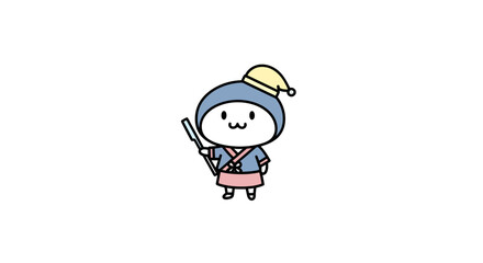 Whimsical little cartoon warrior wielding a bamboo sword with a lighthearted design