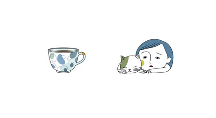 Whimsical morning blues: A sleepy woman and her cat with a cup of coffee beside them