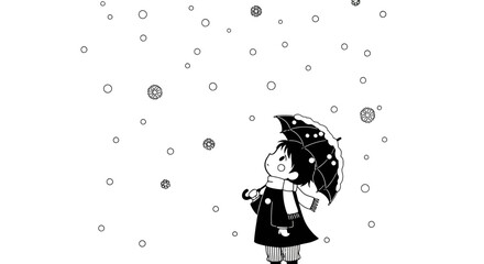Winter's embrace: A monochrome depiction of a child's fascination with falling snow under umbrella