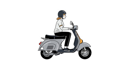 Woman riding a vintage scooter with helmet illustration on isolated background