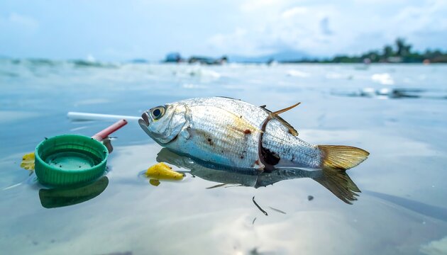 A dead fish floats in polluted water, surrounded by plastic waste like a bottle cap and straw, highlighting environmental damage. The water is murky with a distant shoreline